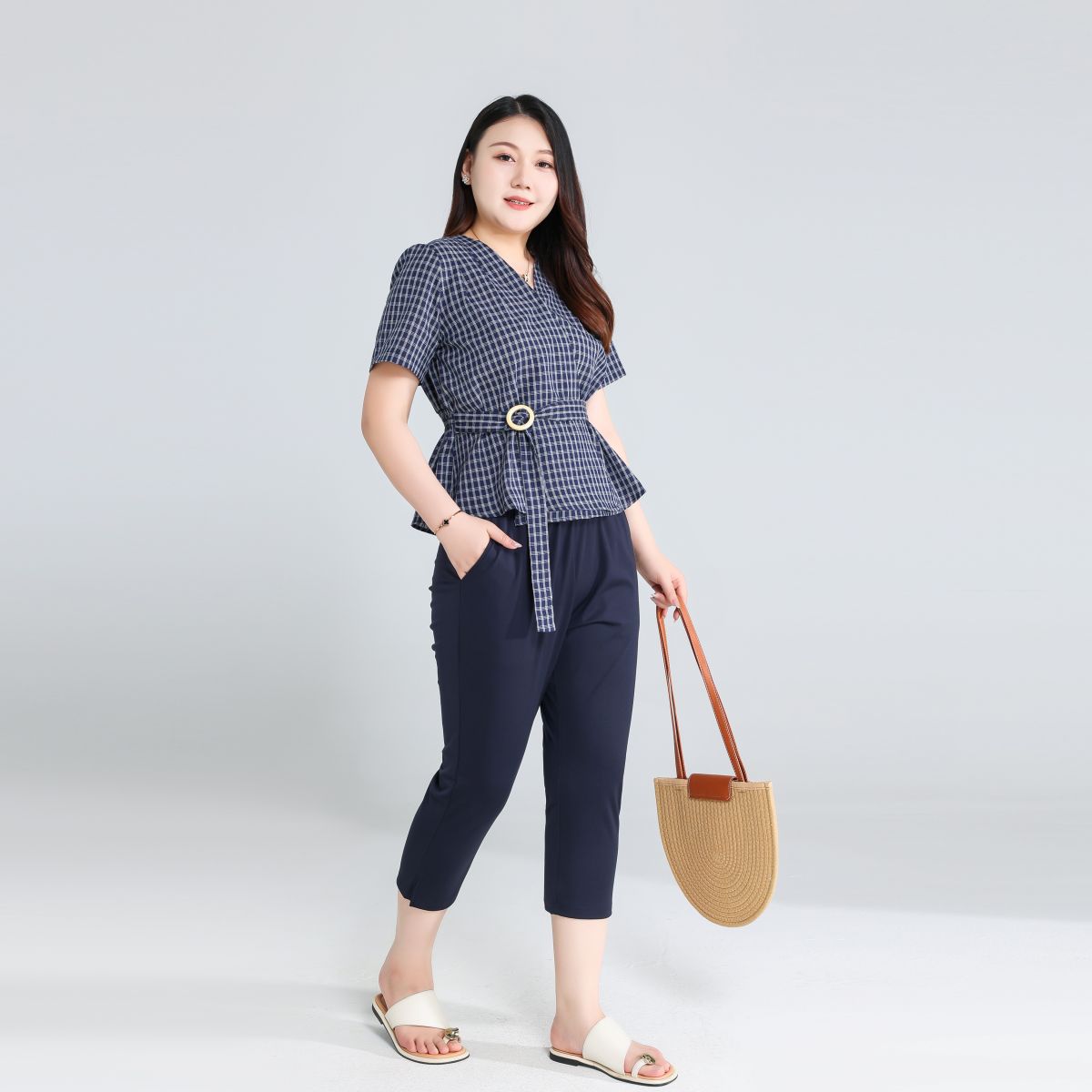 Plus Size Navy Checks Wrap Blouse