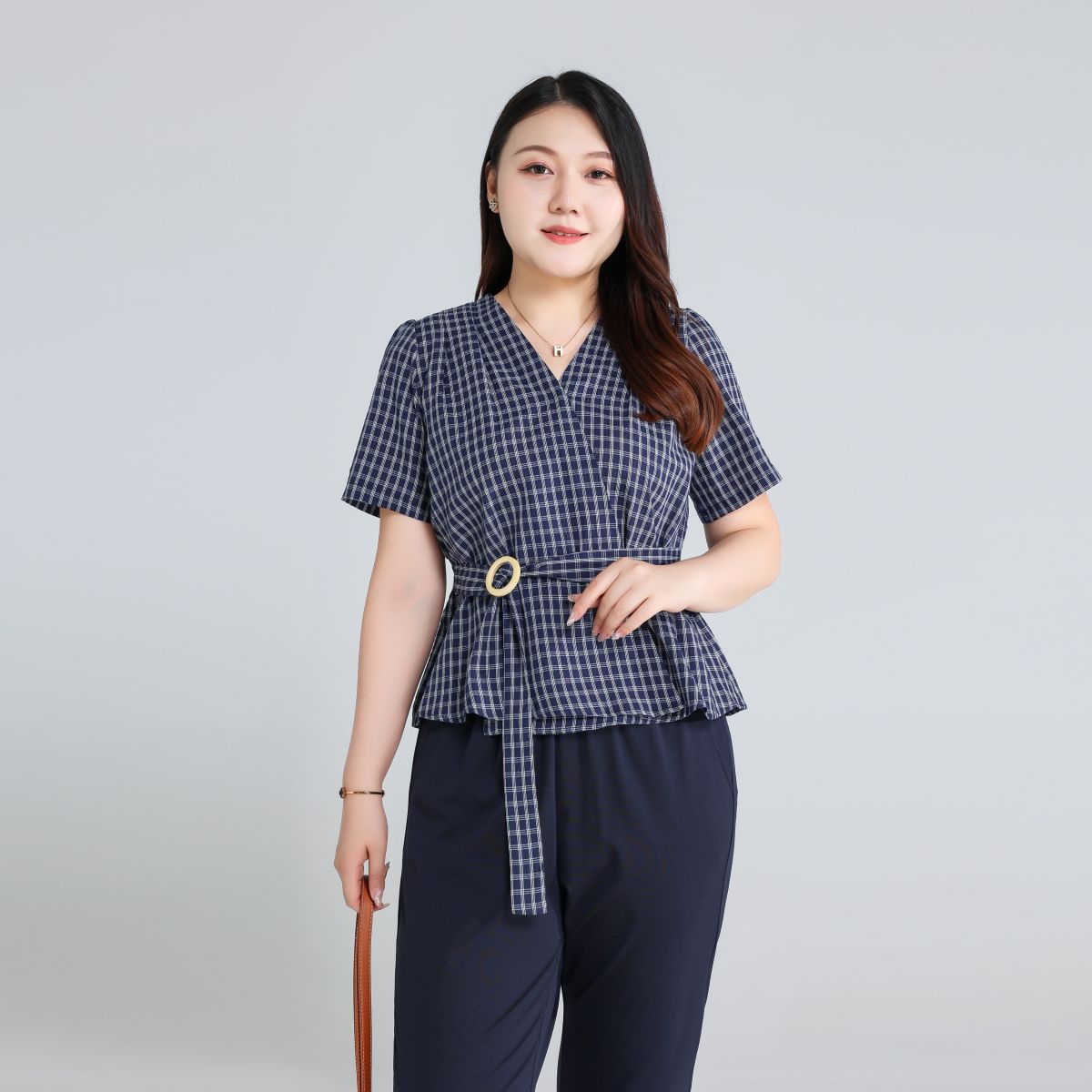 Plus Size Navy Checks Wrap Blouse