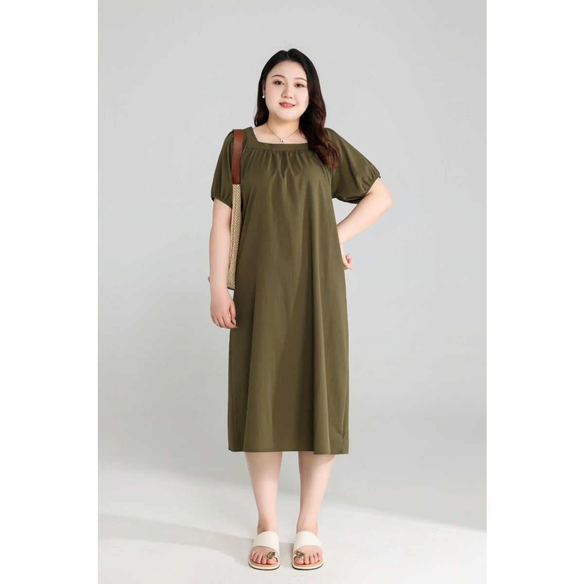 Plus Size Olive Green Square Neck Dress