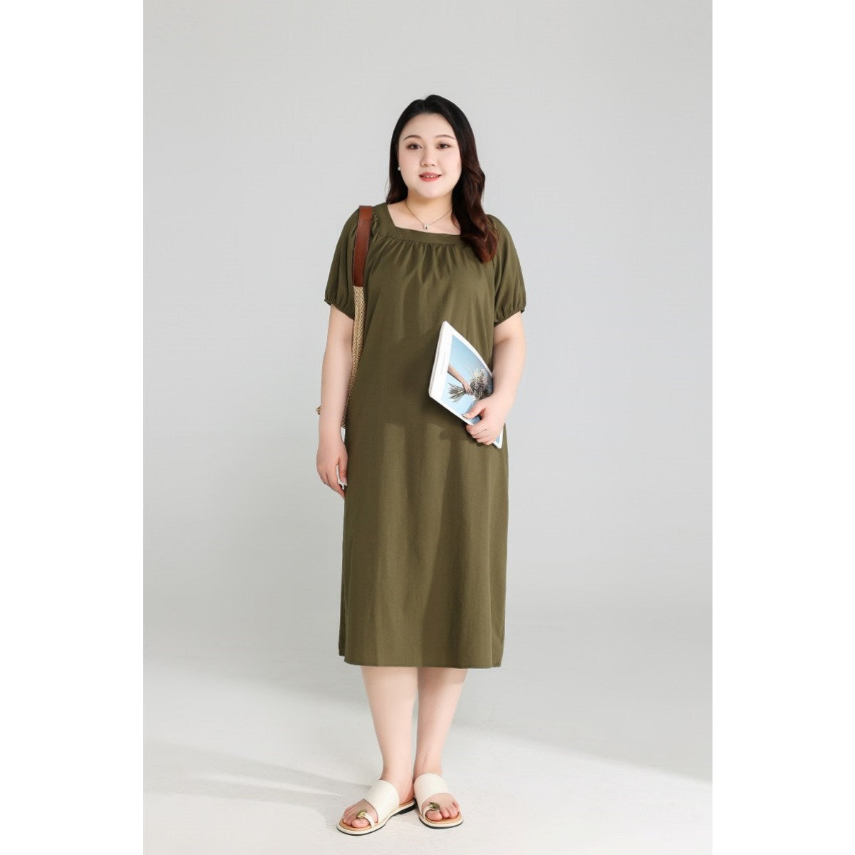 Plus Size Olive Green Square Neck Dress