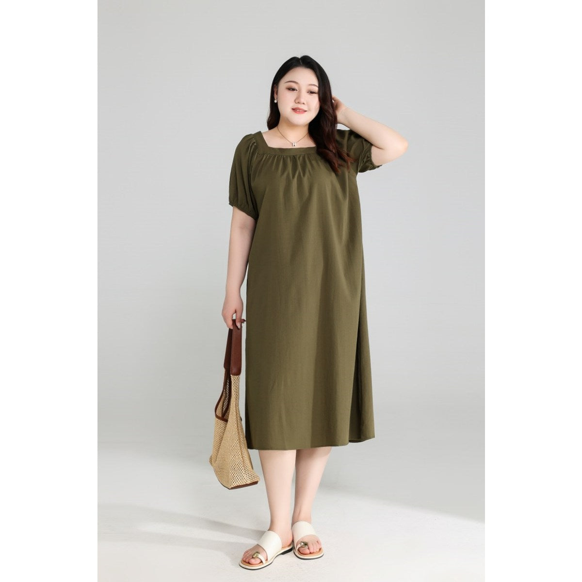 Plus Size Olive Green Square Neck Dress