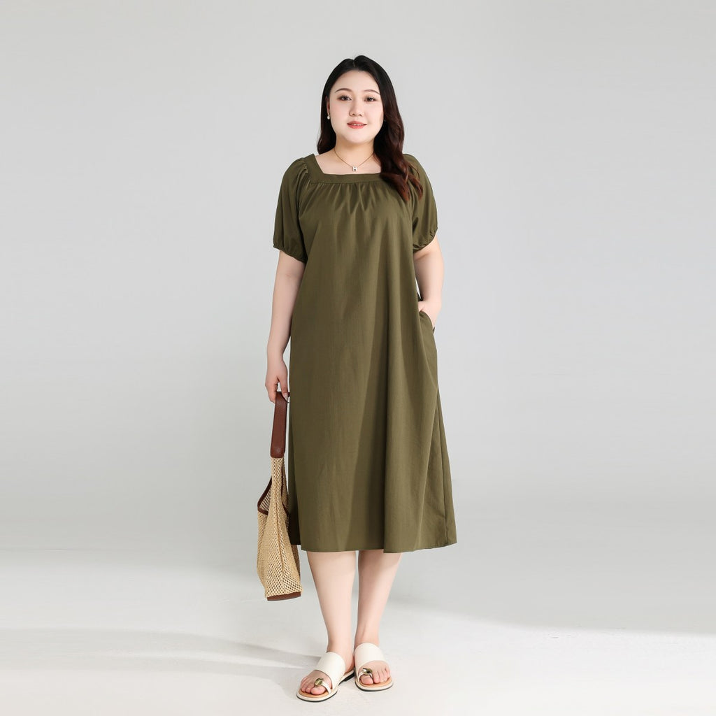 Plus Size Olive Green Square Neck Dress