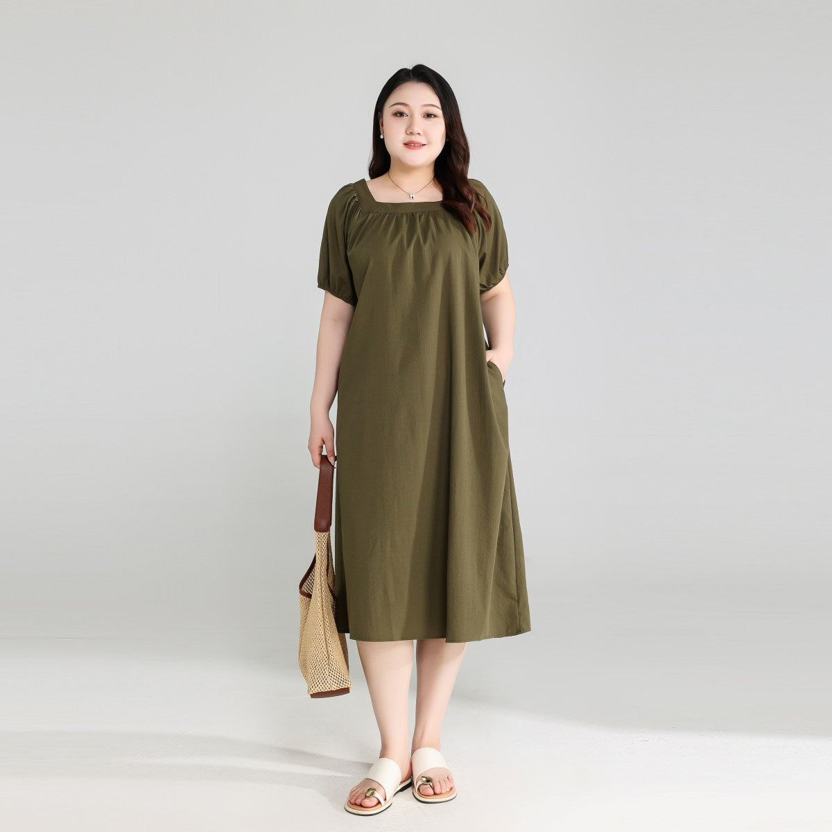 Plus Size Olive Green Square Neck Dress