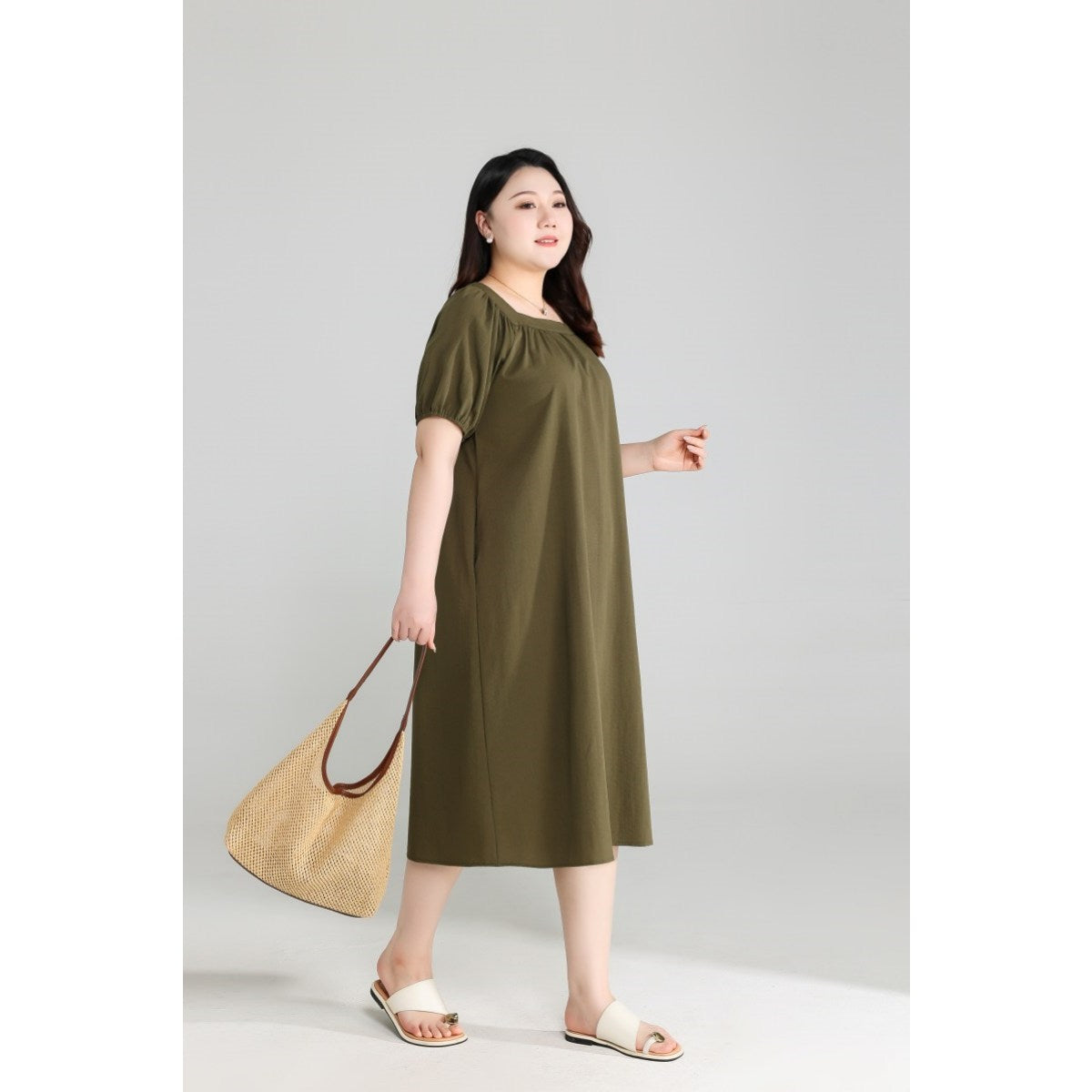 Plus Size Olive Green Square Neck Dress