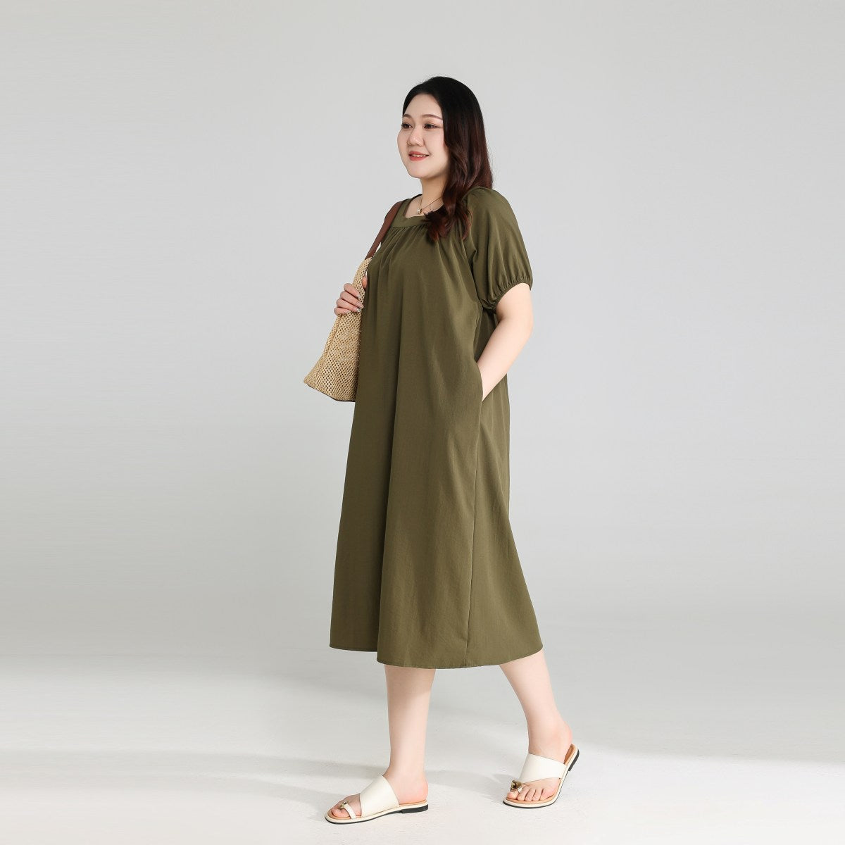 Plus Size Olive Green Square Neck Dress
