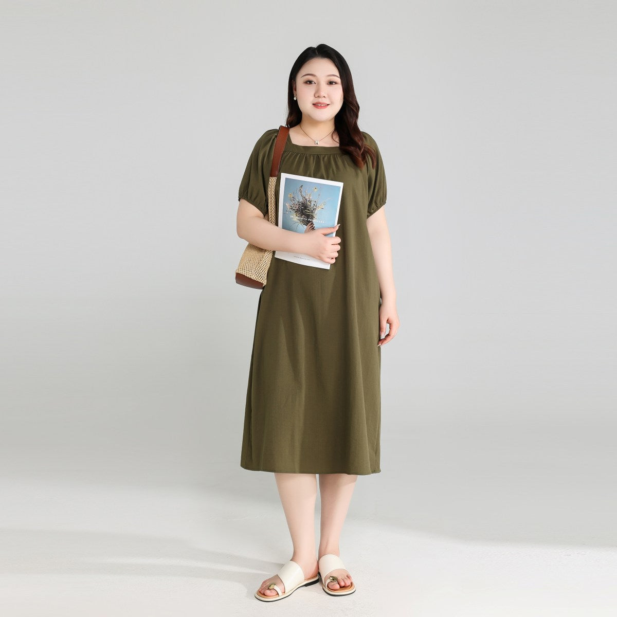 Plus Size Olive Green Square Neck Dress