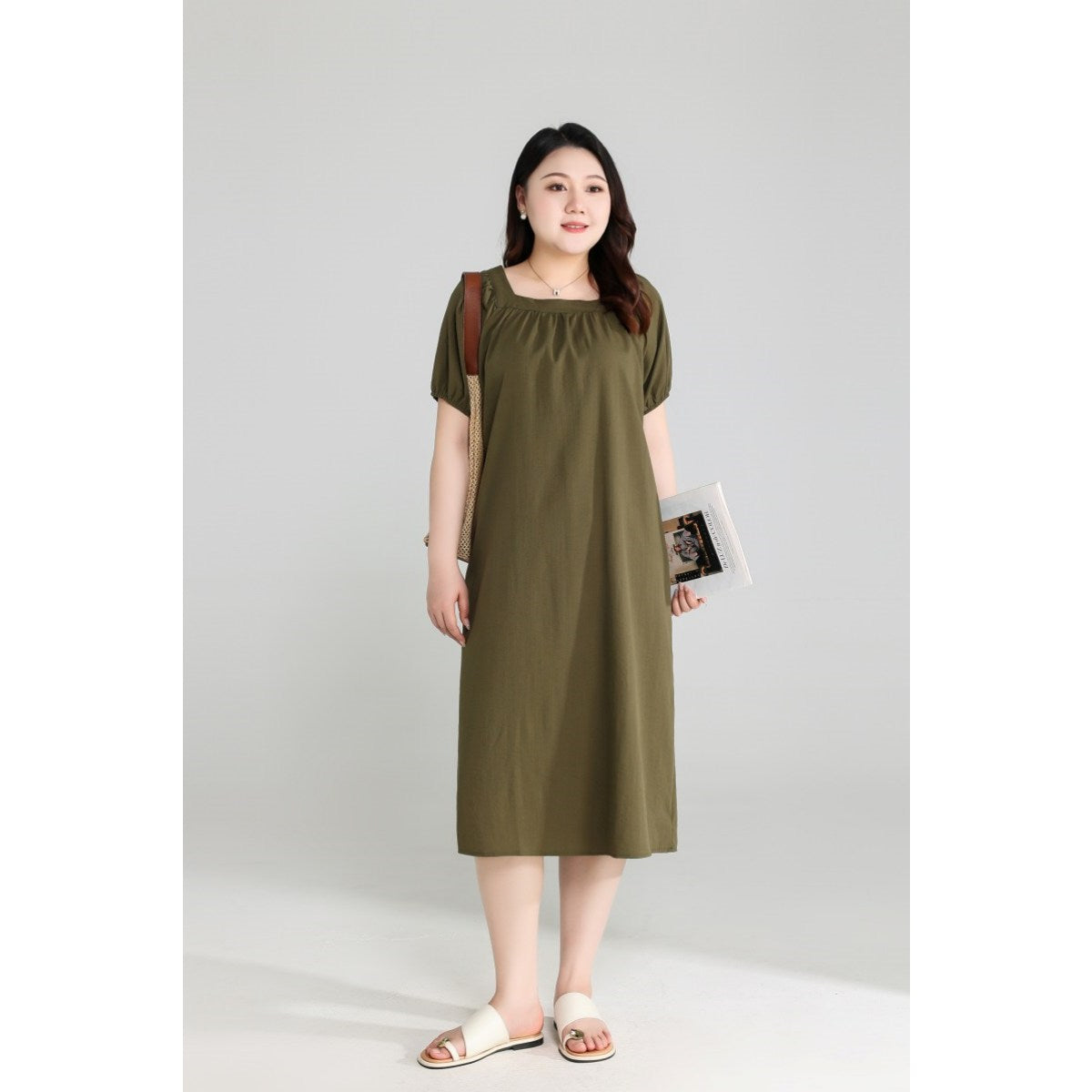 Plus Size Olive Green Square Neck Dress
