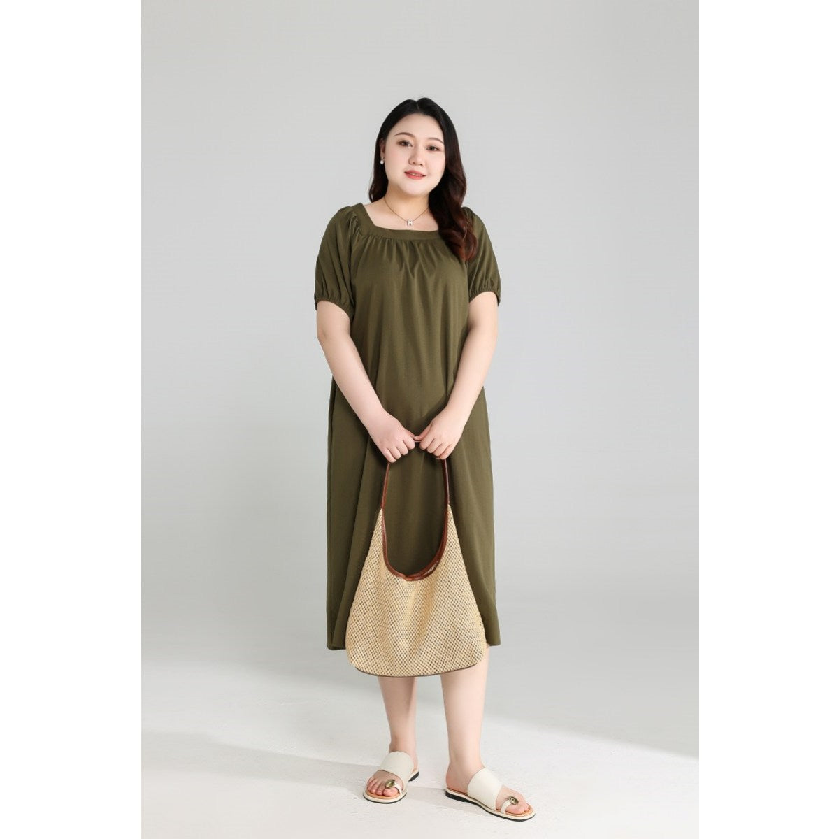 Plus Size Olive Green Square Neck Dress