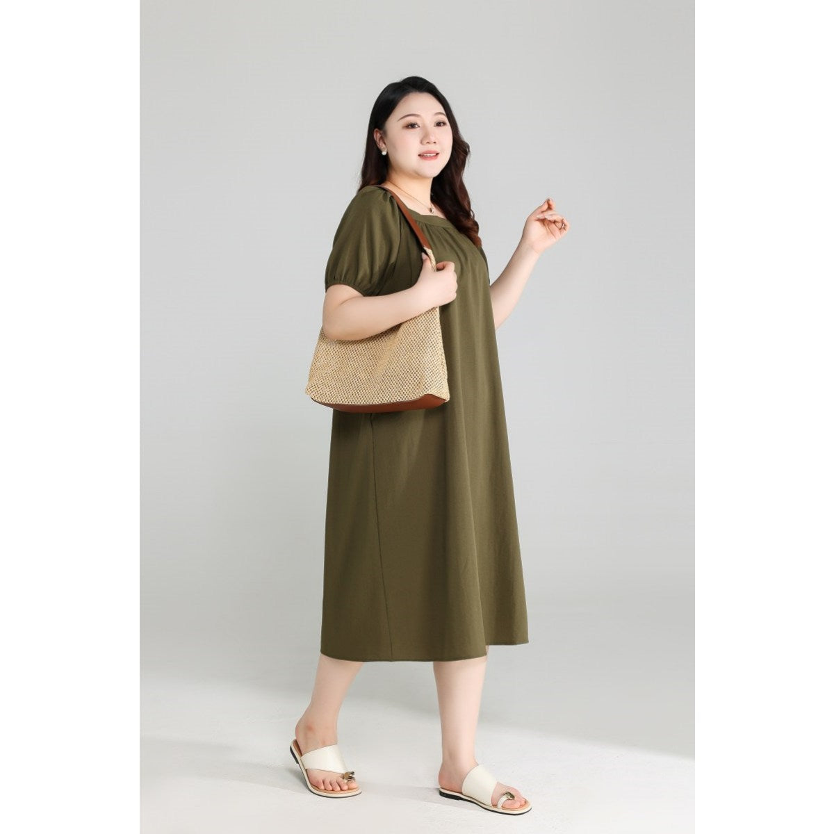 Plus Size Olive Green Square Neck Dress