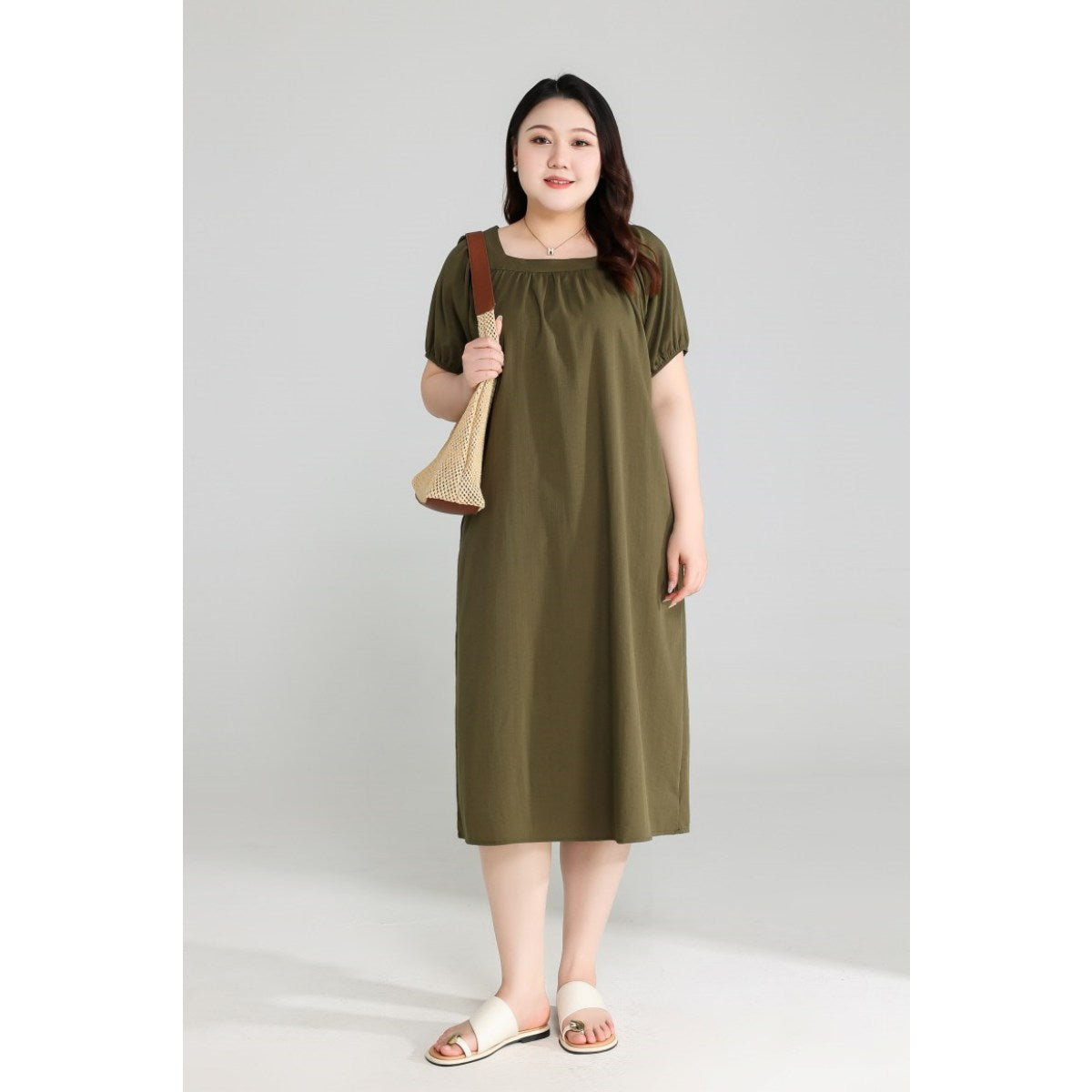 Plus Size Olive Green Square Neck Dress