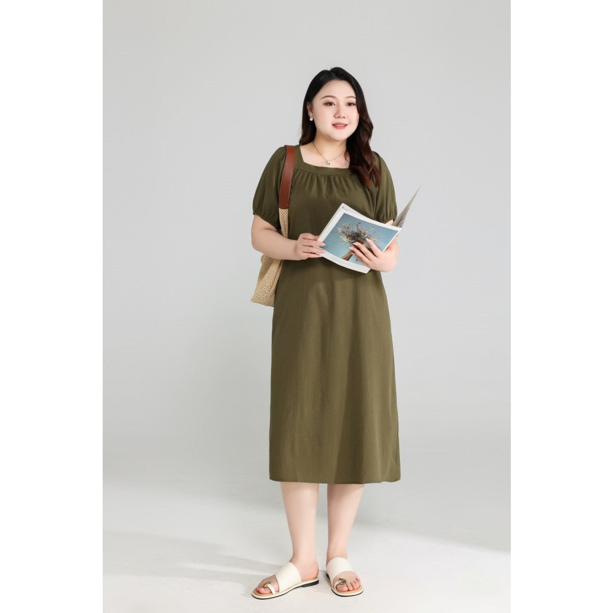 Plus Size Olive Green Square Neck Dress